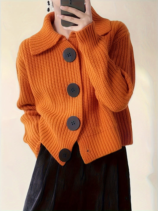 Casual Dames Sweaterjas met Losse Revers en Grote Knopen