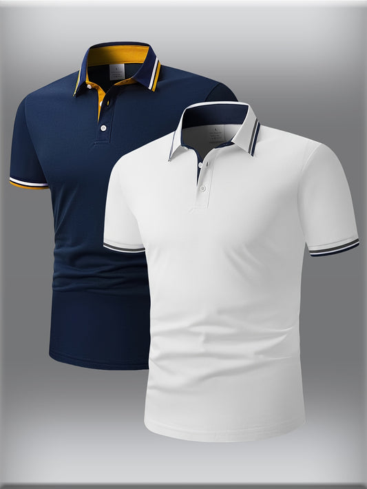 2-Pack Heren Korte Mouwen Polo Shirts met Contrasterende Kragen