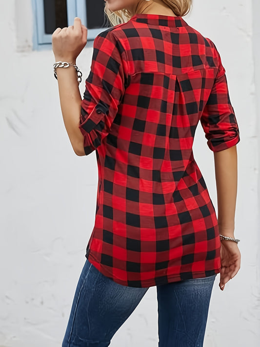 Blouse met ruitjesprint en halfrits, dameskleding