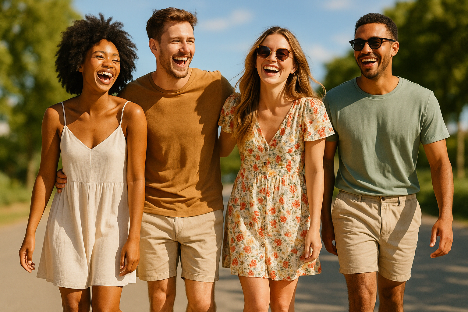lachende mensen in zomerse outfits , voor bij een general fashion store